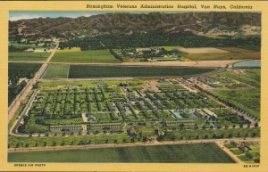 Aerial view of Birmingham Veteran's Hospital, at the corner of Balboa Ave. and Van Owen St., Van Nuys. Postmarked Nov. 12, 1949, Los Angeles.